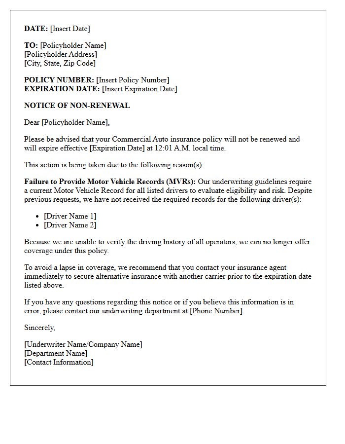 Commercial Auto Policy Missing Driver Motor Vehicle Records Non-Renewal Letter