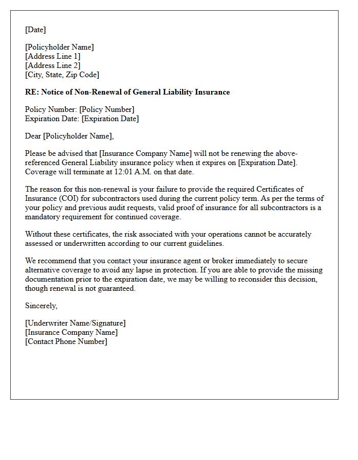 General Liability Missing Subcontractor Certificate of Insurance Non-Renewal Letter