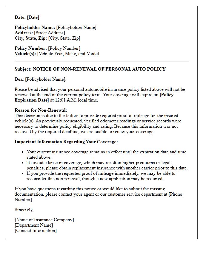 Personal Auto Policy Missing Proof of Mileage Non-Renewal Letter
