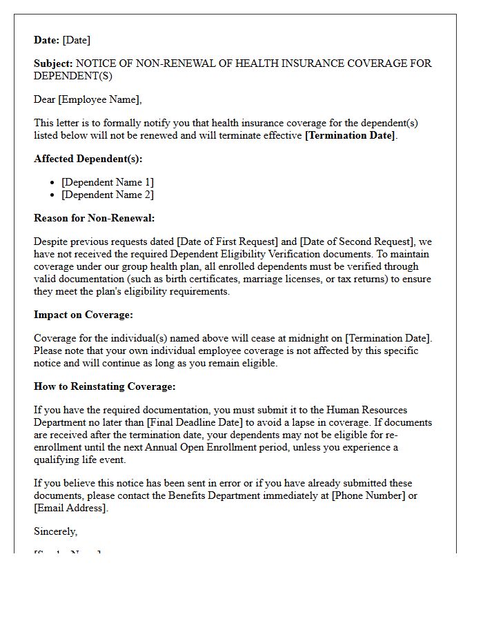 Group Health Insurance Missing Dependent Eligibility Verification Non-Renewal Letter