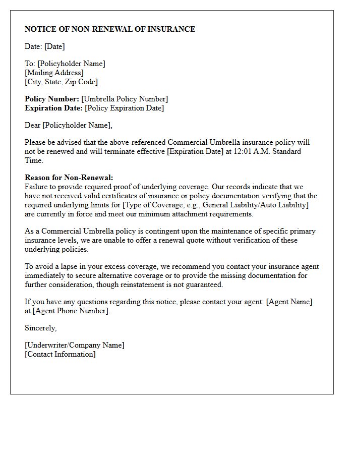 Commercial Umbrella Missing Underlying Coverage Proof Non-Renewal Letter