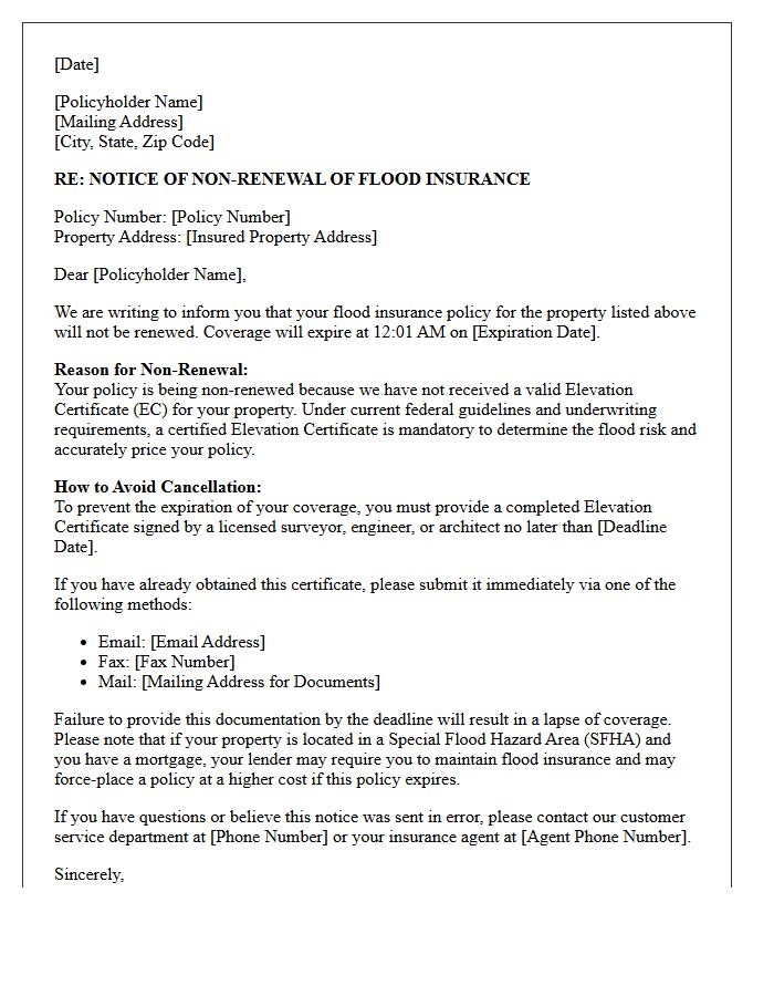 Flood Insurance Missing Property Elevation Certificate Non-Renewal Letter