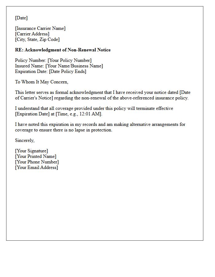 Carrier Non-Renewal Notice Receipt Acknowledgment Letter