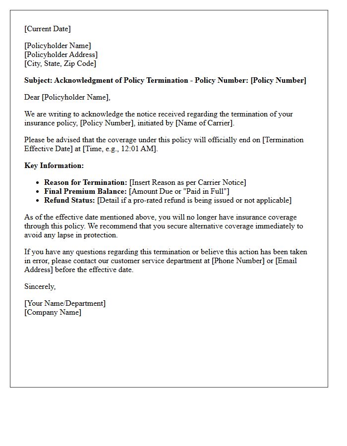 Carrier-Initiated Policy Termination Acknowledgment Letter