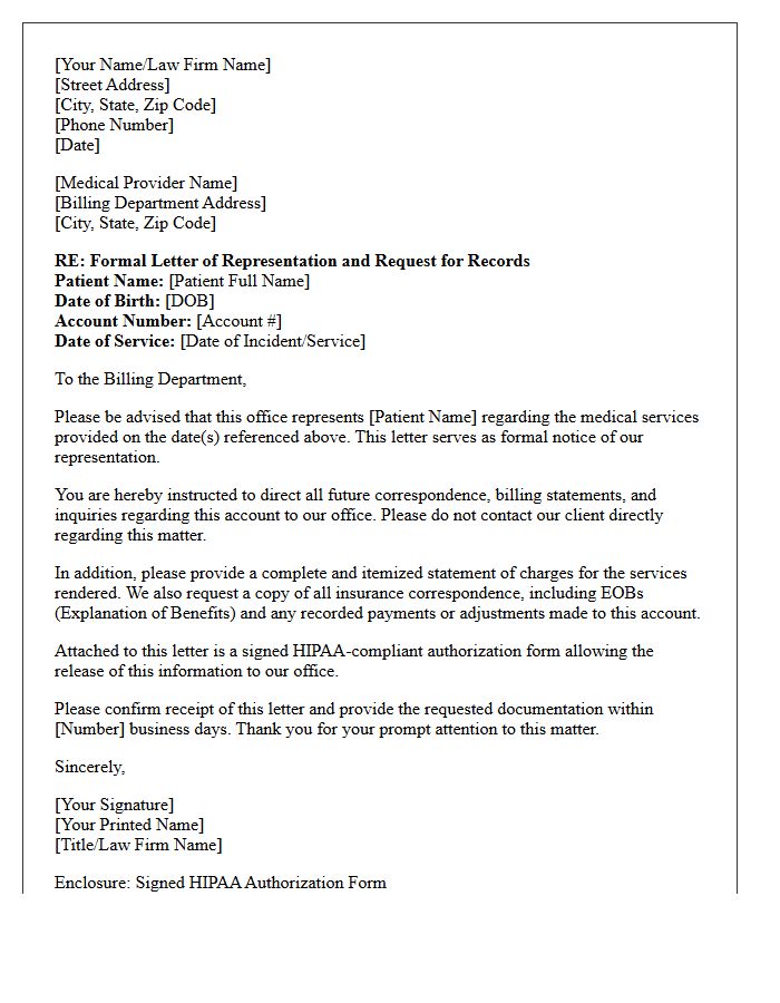 Formal Letter of Representation to Medical Billing Department