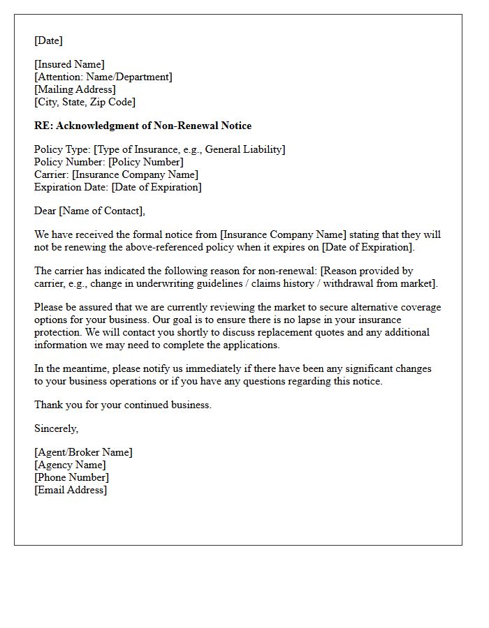 Commercial Lines Carrier Non-Renewal Acknowledgment Letter