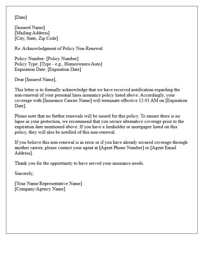 Personal Lines Carrier Non-Renewal Acknowledgment Letter