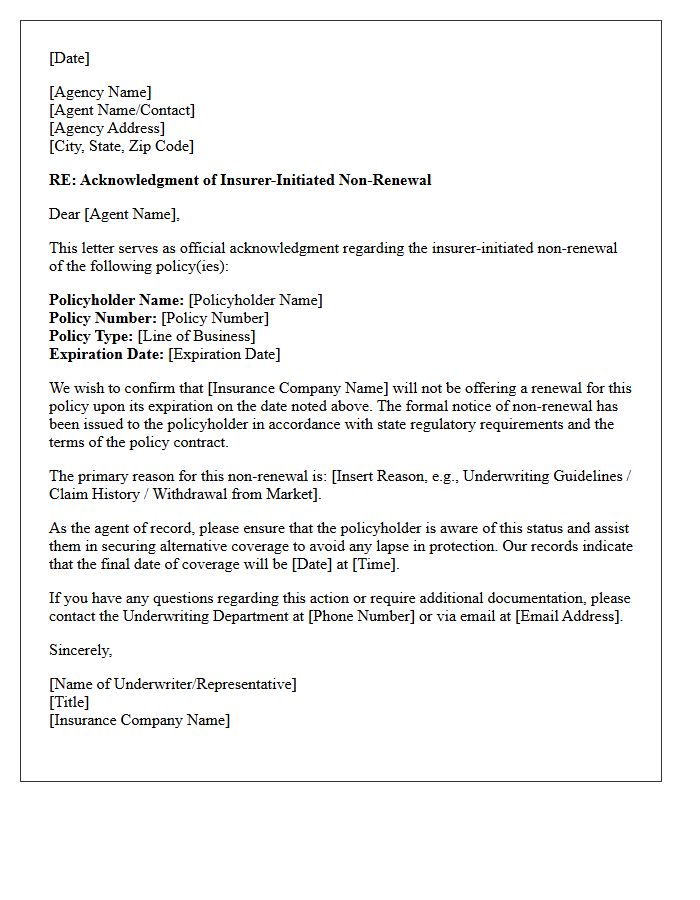 Insurer-Initiated Non-Renewal Agency Acknowledgment Letter
