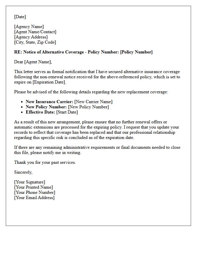 Agency Notification of Alternative Coverage Following Non-Renewal Letter