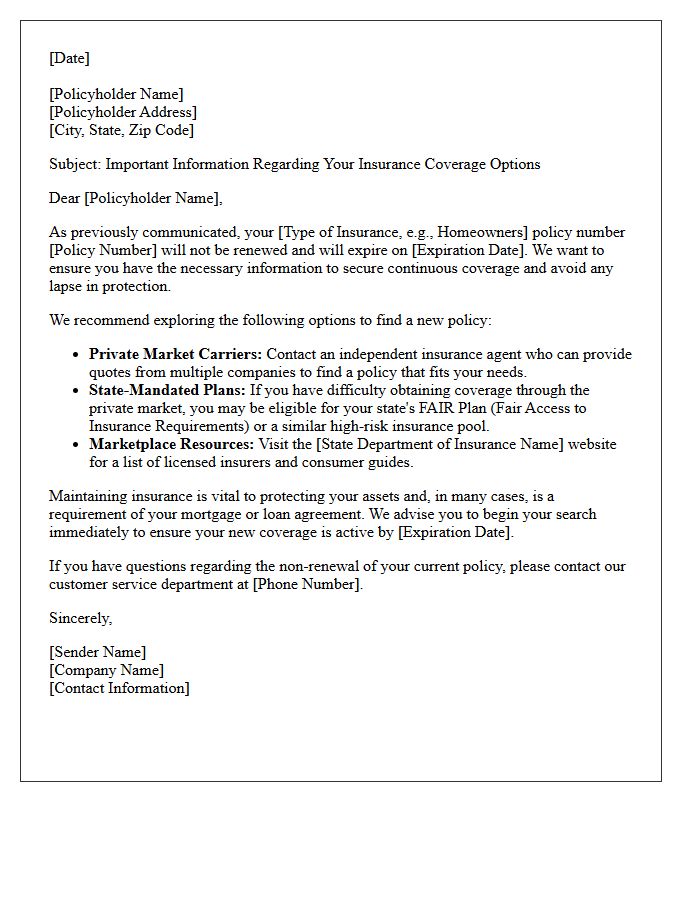 Letter Regarding Alternative Insurance Options After Policy Non-Renewal