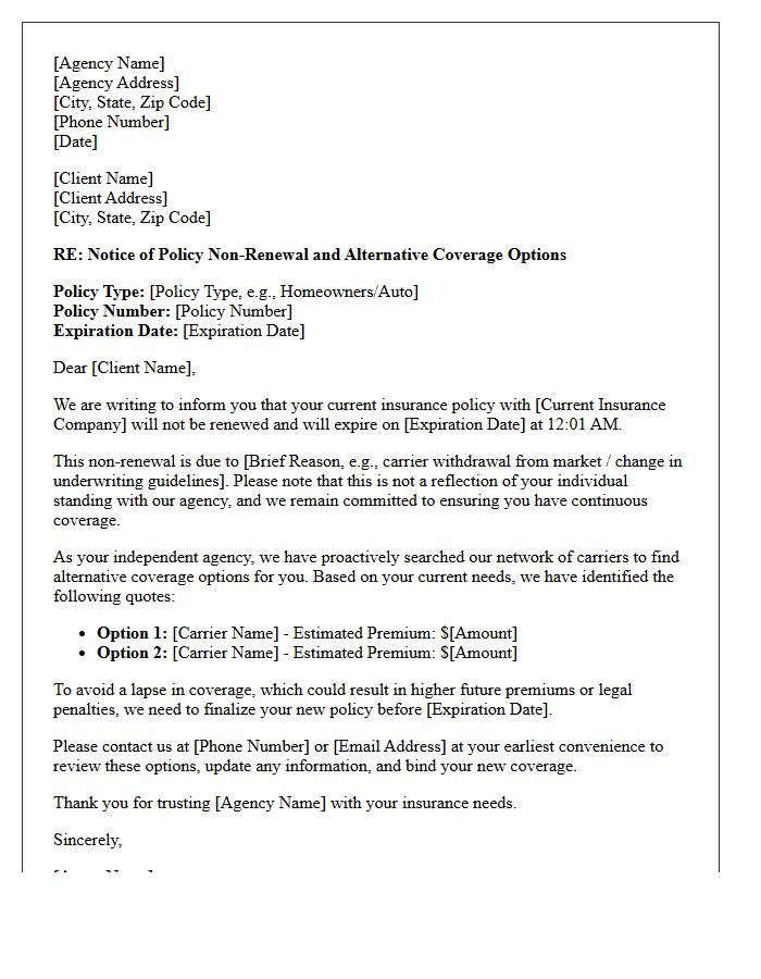 Non-Renewal Alternative Coverage Options Letter From Agency