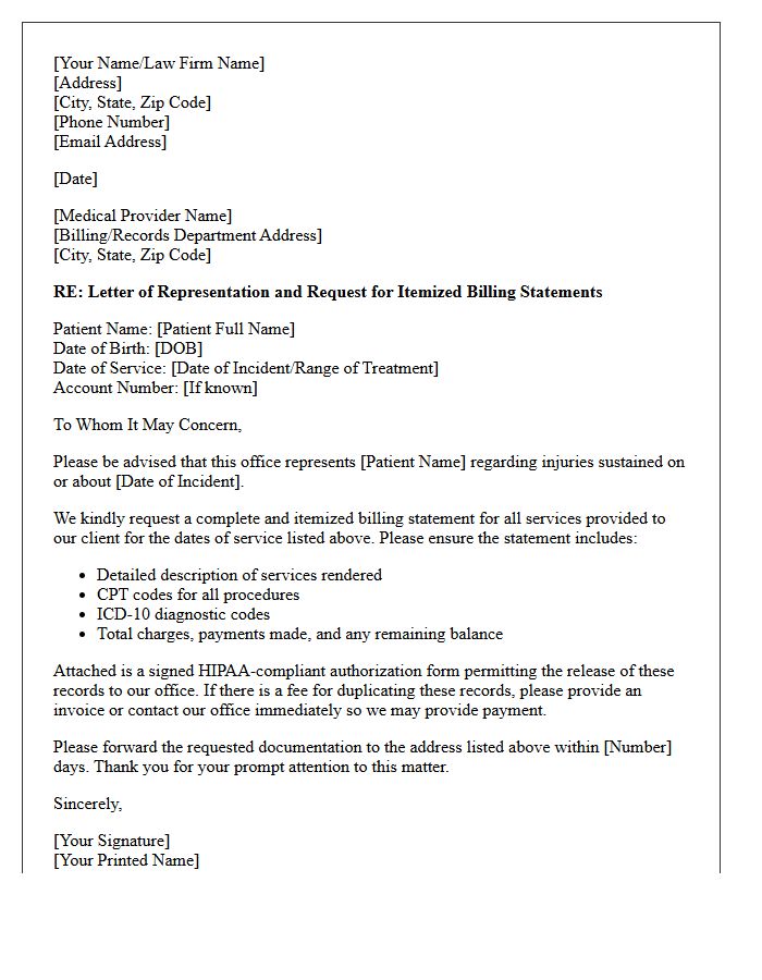 Letter of Representation and Request for Itemized Medical Statements