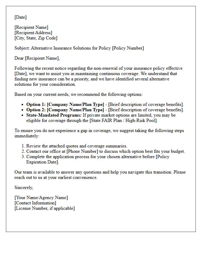 Letter of Alternative Insurance Solutions Following Non-Renewal