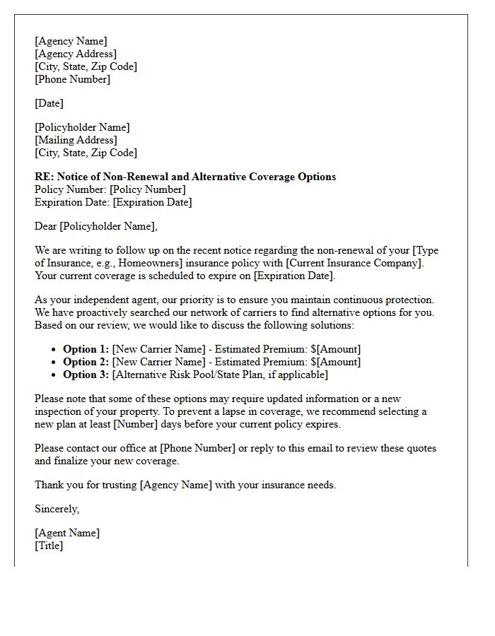 Insurance Agency Non-Renewal Alternative Options Letter