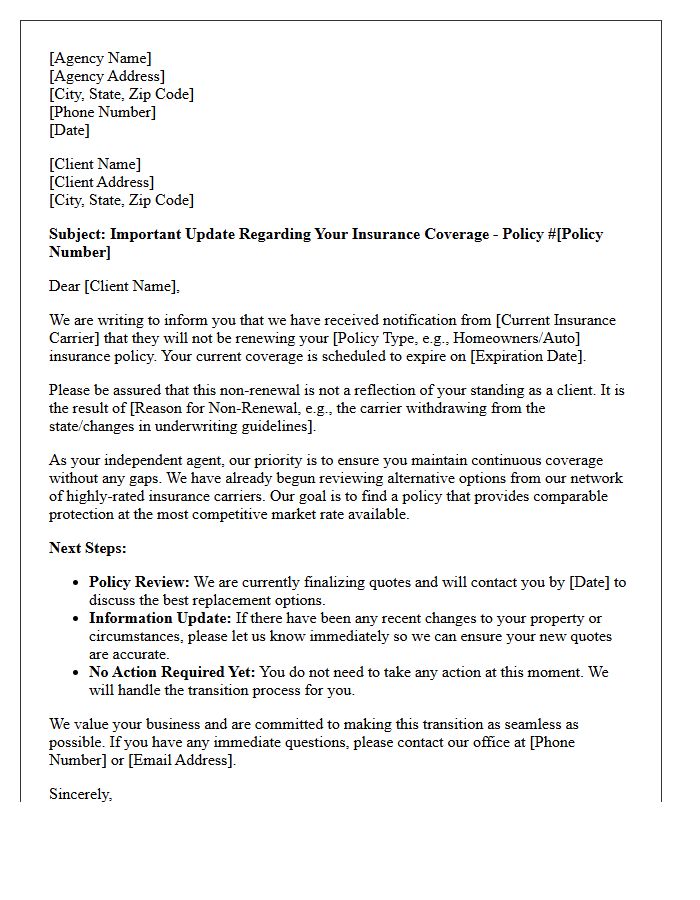 Agency Transition Letter for Alternative Coverage Following Non-Renewal