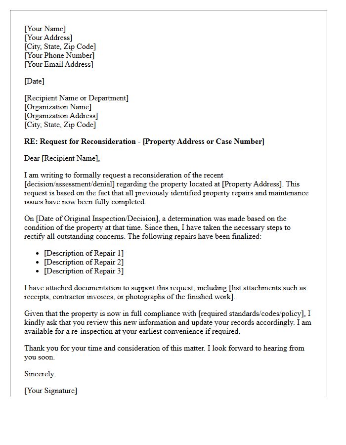 Letter Requesting Reconsideration Due to Completed Property Repairs