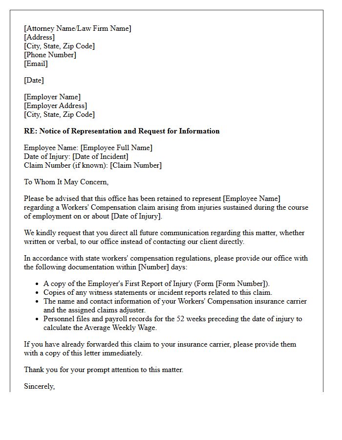 Letter of Representation to Employer for Standard Workers Compensation Claim