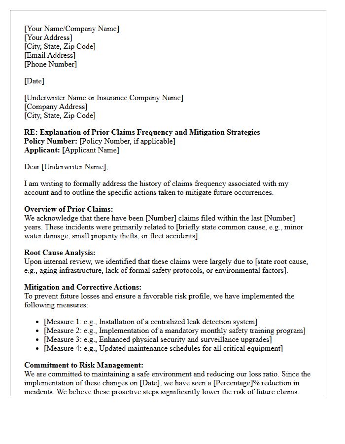 Letter Addressing and Mitigating Prior Claims Frequency