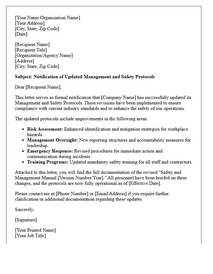 Letter Providing Proof of Updated Management and Safety Protocols