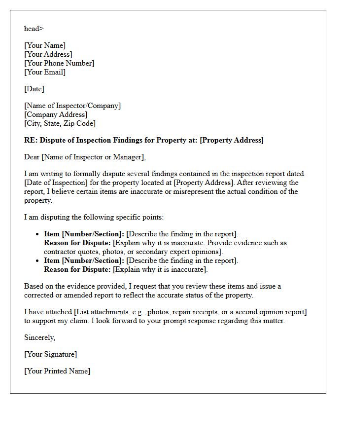 Letter Disputing Inaccurate Inspection Report Findings
