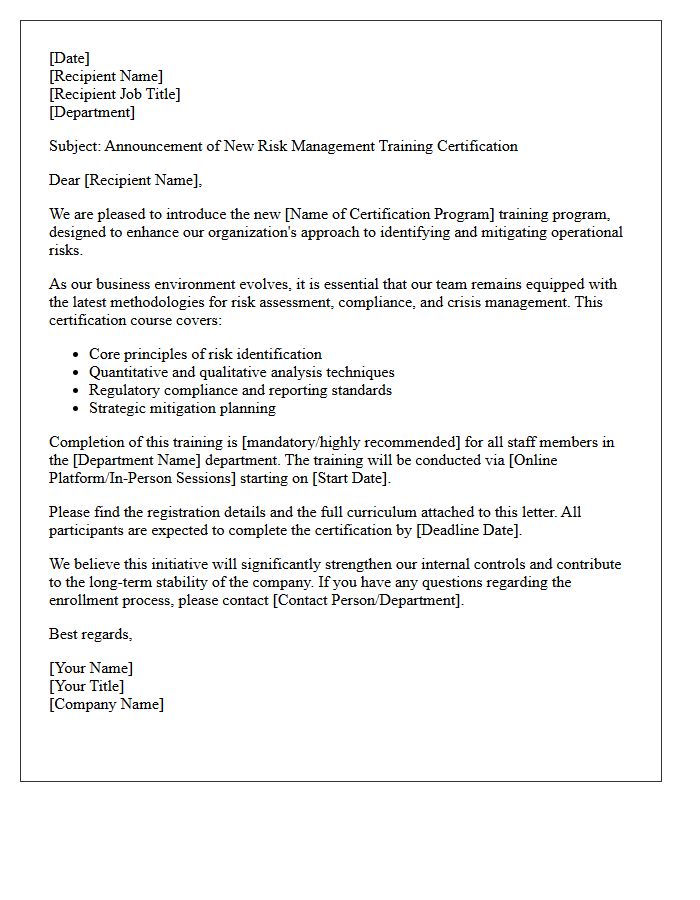 Letter Presenting New Risk Management Training Certification