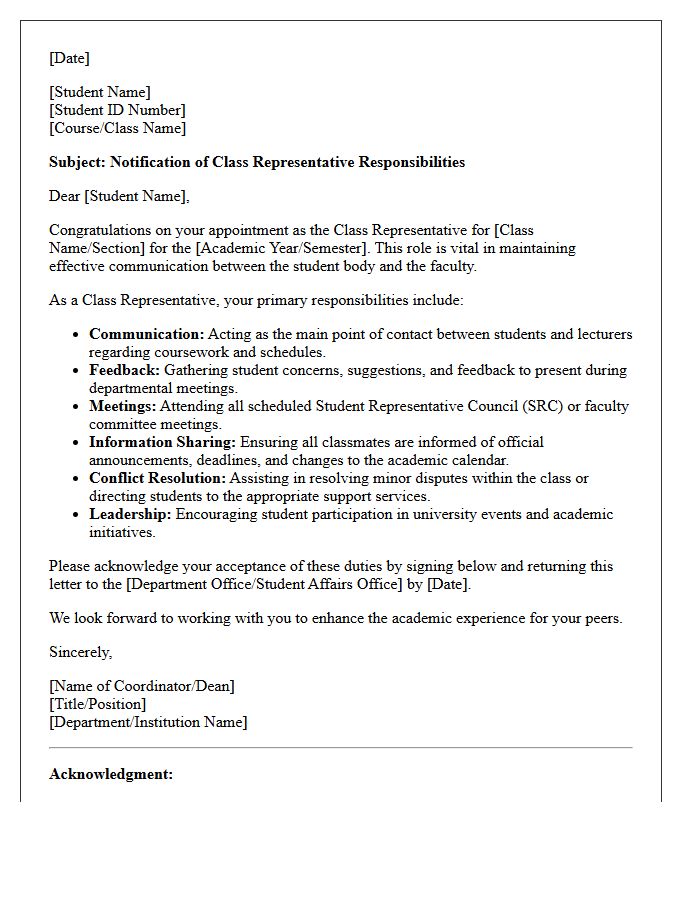 Class Representative Responsibilities Letter
