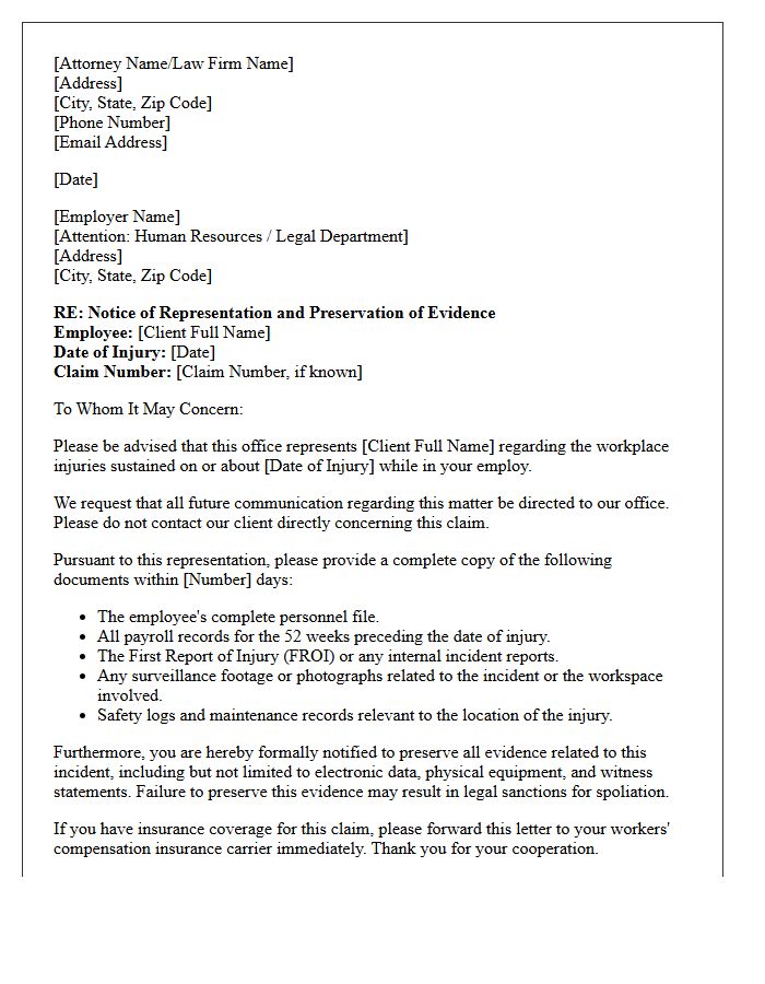 Initial Letter of Representation to Employer Regarding Workplace Injury