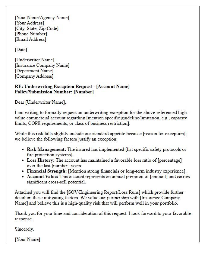 Letter Requesting Underwriting Exception for High-Value Commercial Account