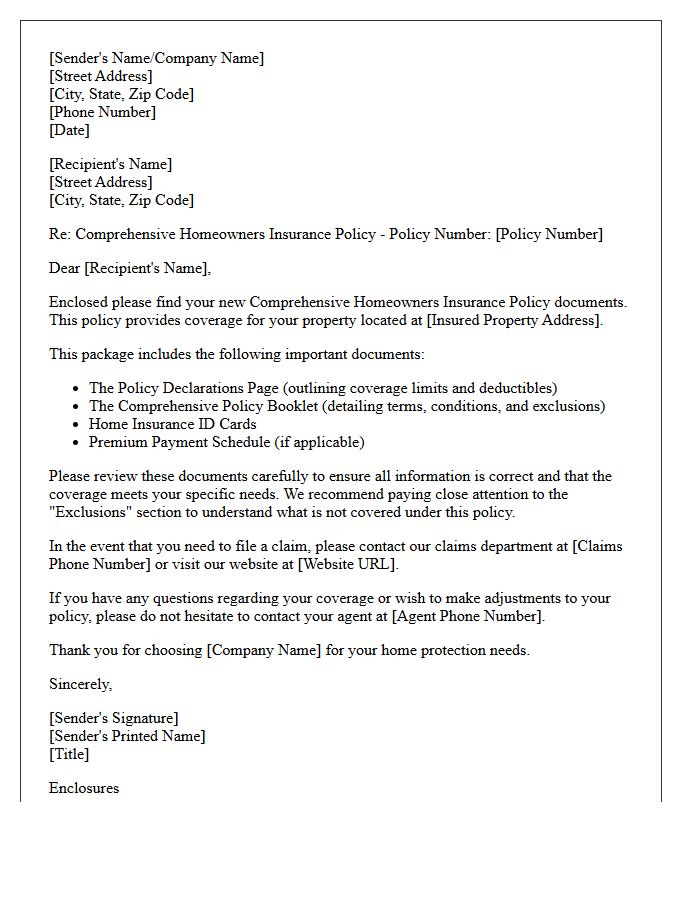 Comprehensive Homeowners Insurance Policy Enclosure Letter