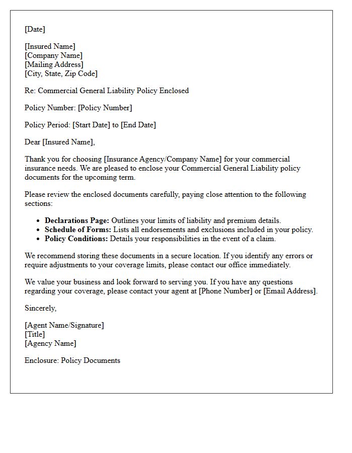 Commercial General Liability Policy Documents Enclosed Letter