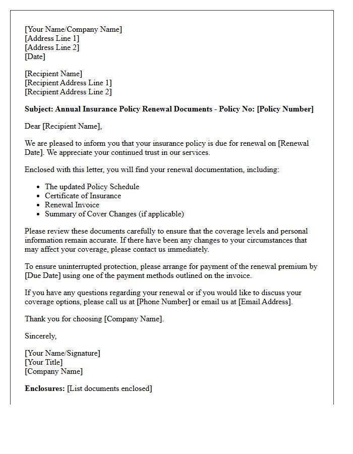 Annual Insurance Policy Renewal Documents Enclosed Letter