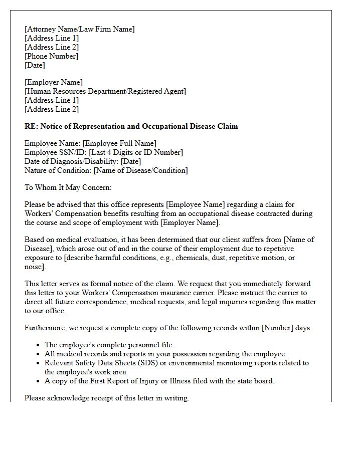 Letter of Representation to Employer for Occupational Disease Claim