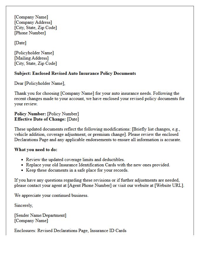 Revised Auto Insurance Policy Documents Enclosed Letter