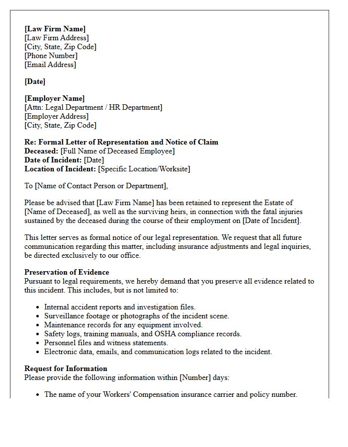 Formal Letter of Representation to Employer for Fatal Workplace Accident