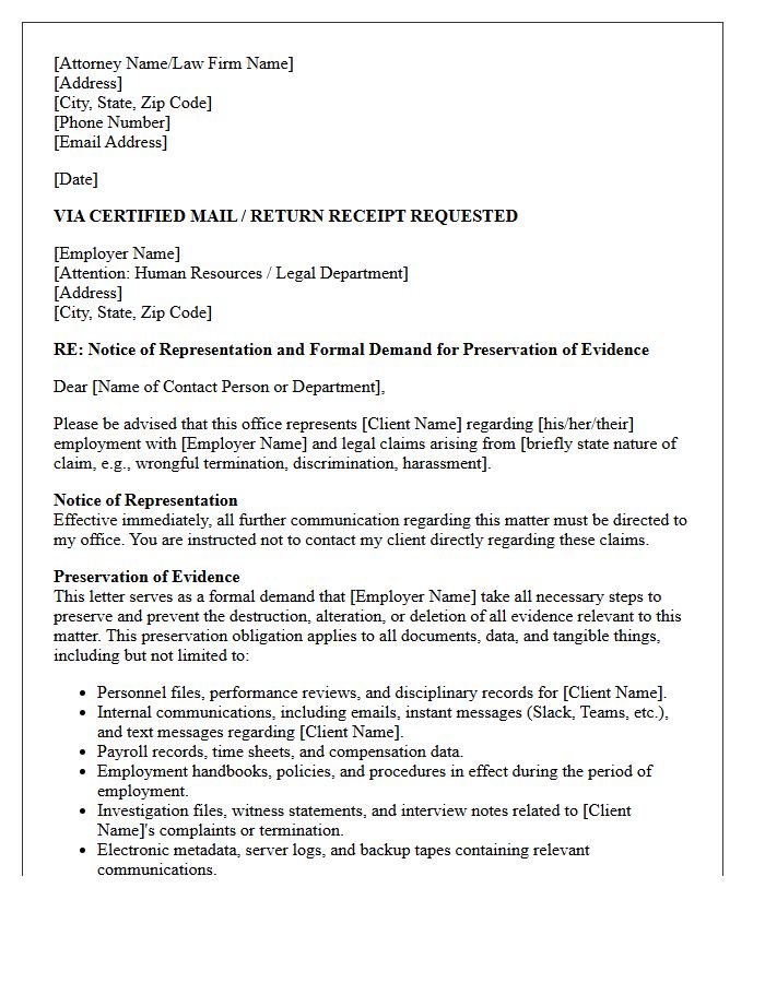 Letter of Representation and Preservation of Evidence to Employer