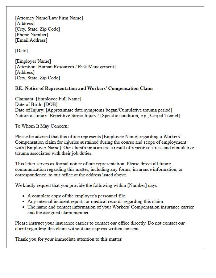Letter of Representation to Employer for Repetitive Stress Injury Claim