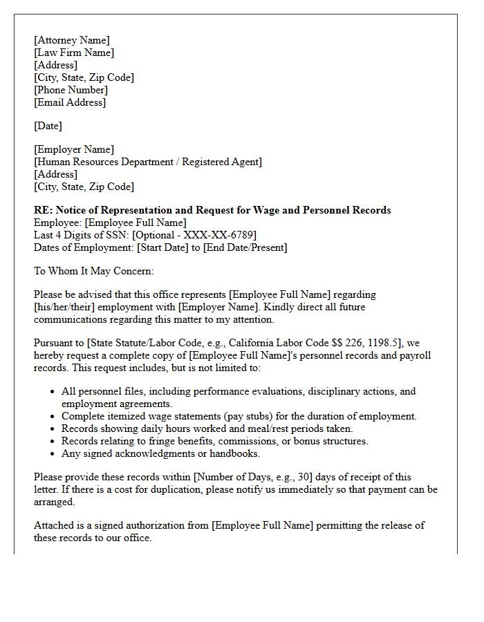 Letter of Representation to Employer Requesting Wage and Personnel Records