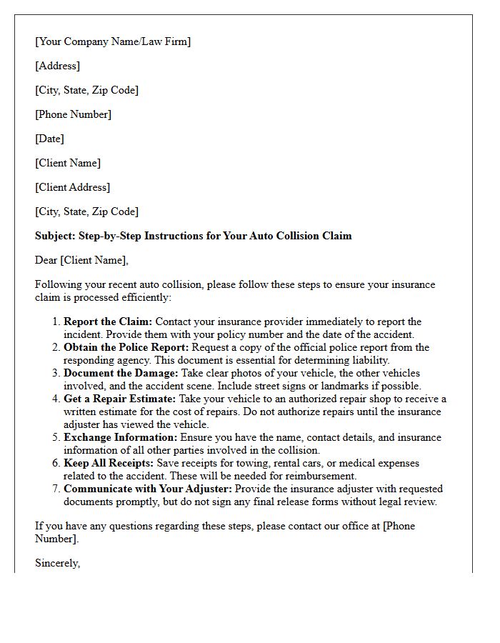 Auto Collision Claim Step-by-Step Instruction Letter