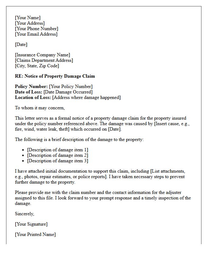 Homeowners Property Damage Claim Filing Letter