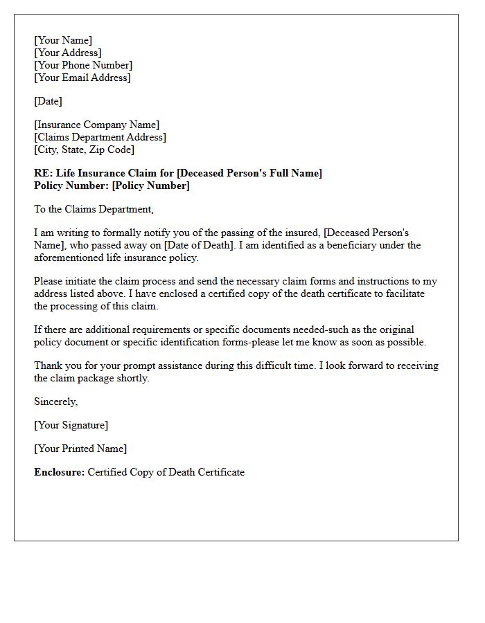 Life Insurance Beneficiary Claim Process Letter