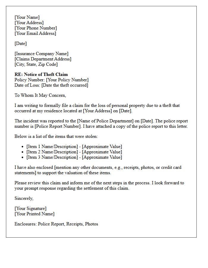 Renters Personal Property Theft Claim Letter