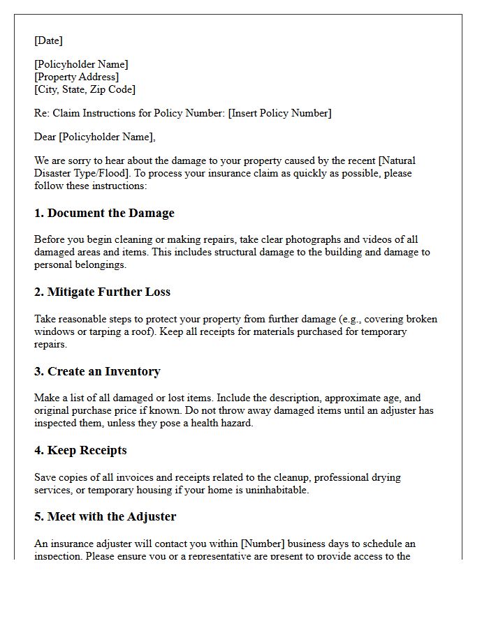 Natural Disaster and Flood Claim Instruction Letter