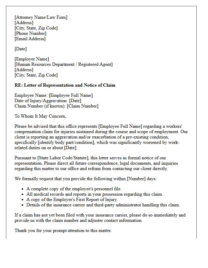 Letter of Representation to Employer for Aggravation of Preexisting Condition