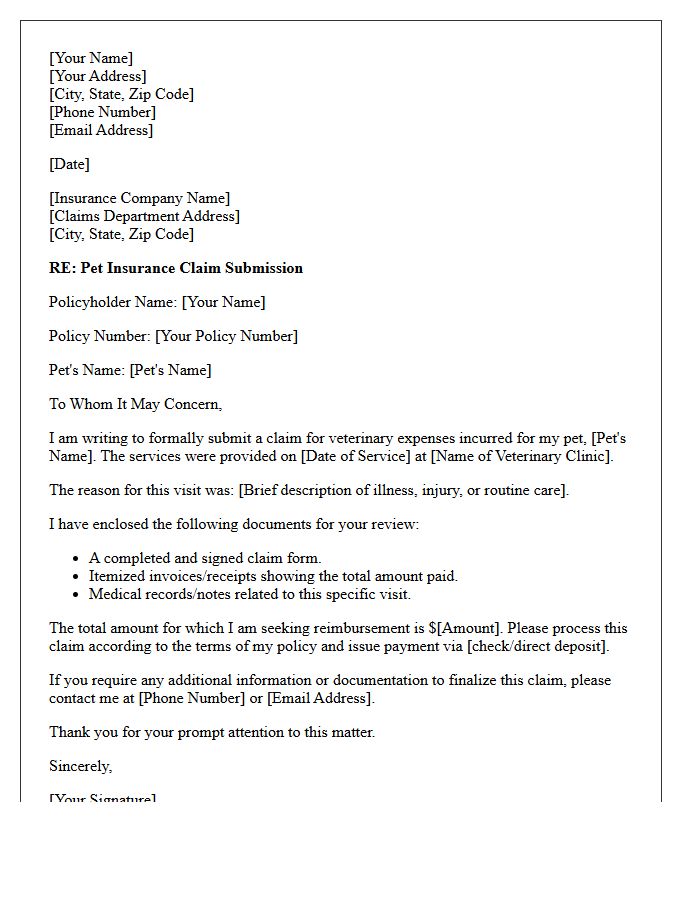 Pet Health Insurance Claim Submission Letter