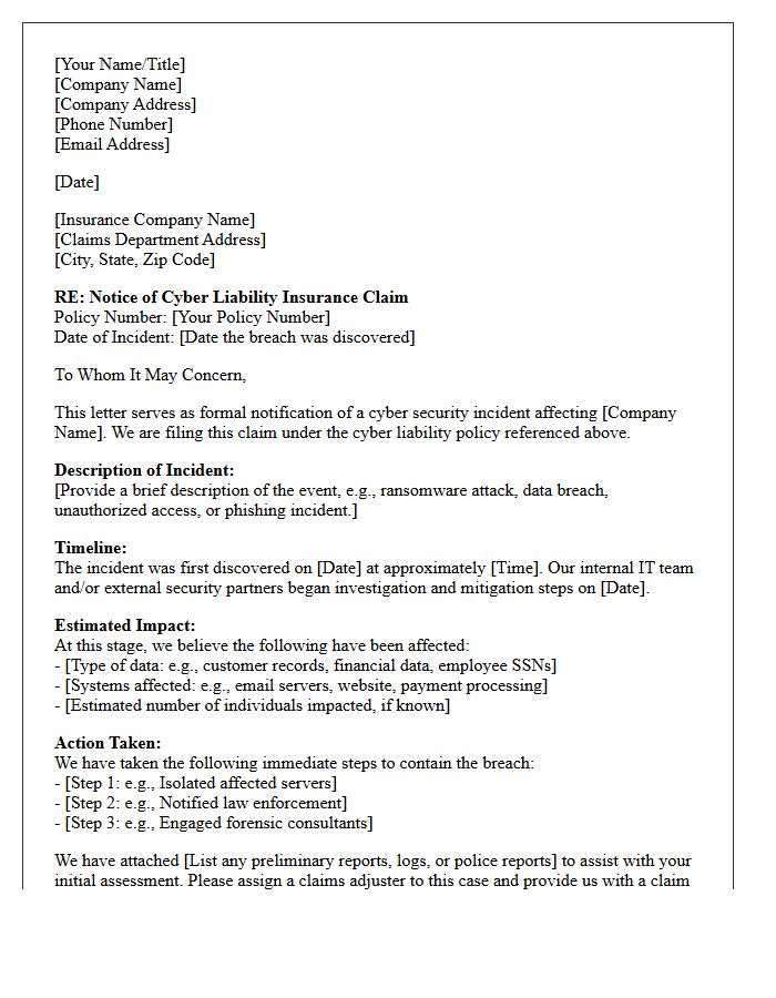 Cyber Liability Business Claim Filing Letter