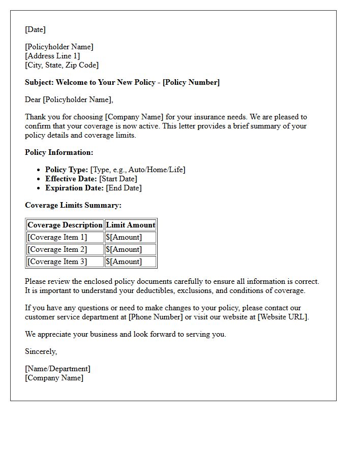 Policy Welcome Letter Regarding Your Coverage and Limits