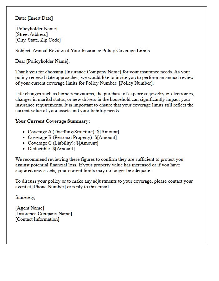 Annual Review Letter on Insurance Policy Coverage Limits