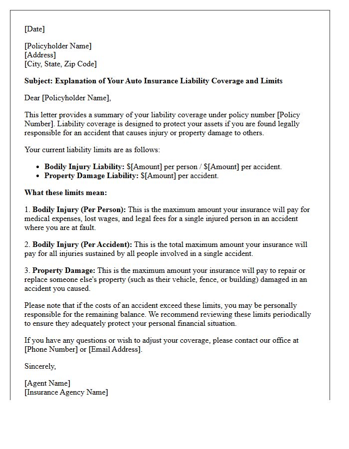 Auto Insurance Liability Coverage and Limits Explanation Letter
