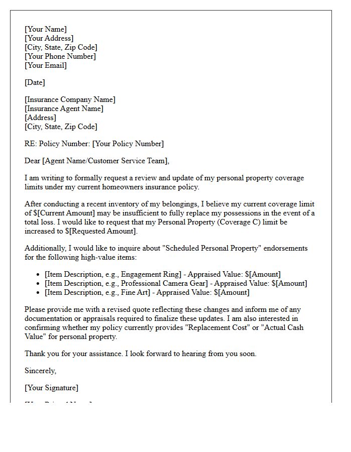 Homeowners Policy Personal Property Coverage Limits Letter