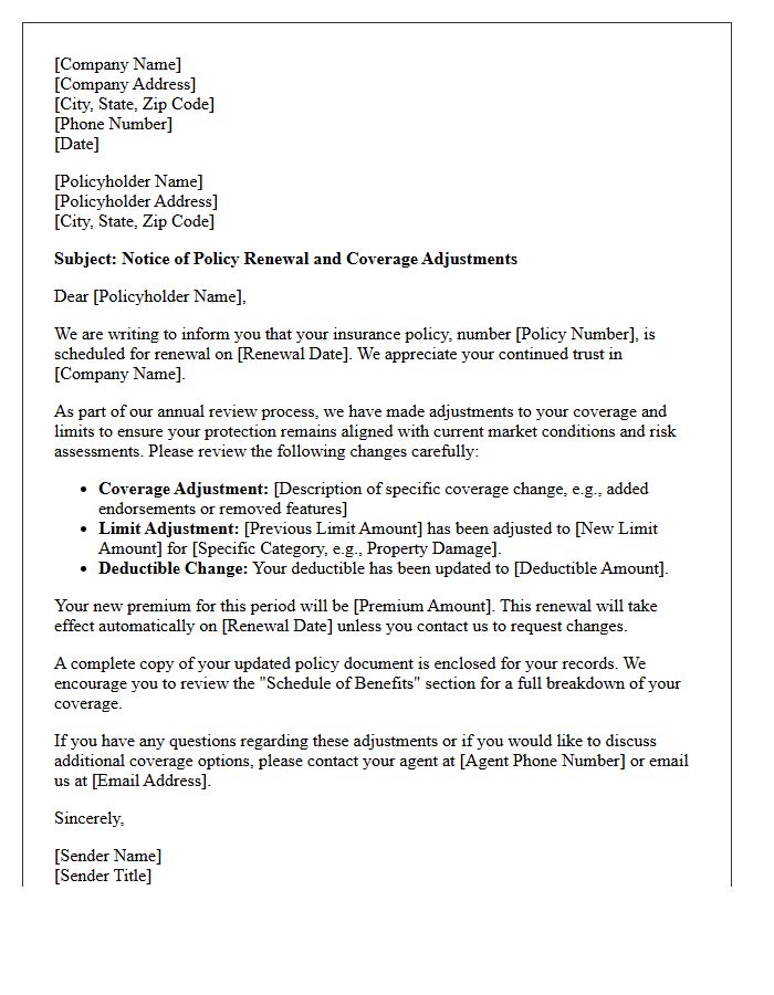 Policy Renewal Letter Detailing Coverage and Limits Adjustments